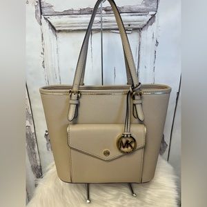 Michael Kors Saffiano Leather Beige Frame Pocket Tote Bag